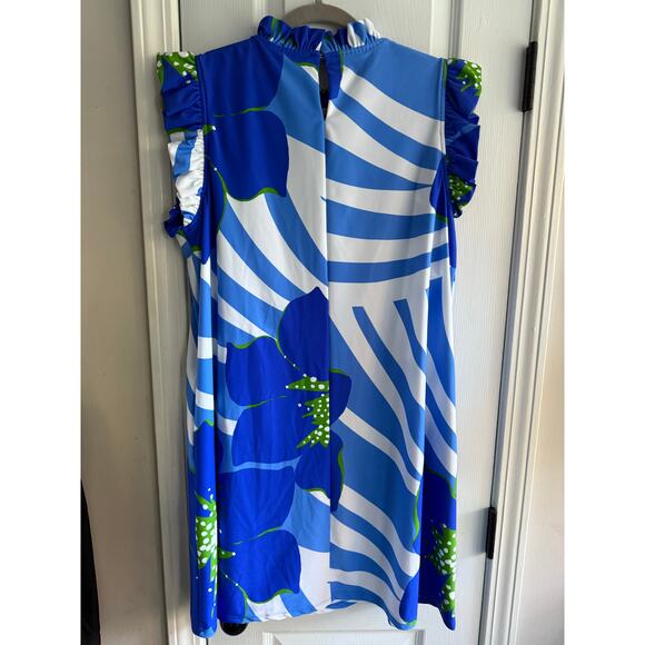 Jude Connally Blue Sleeveless Tropical Floral Print Dress Made in US Size XL - Picture 5 of 6